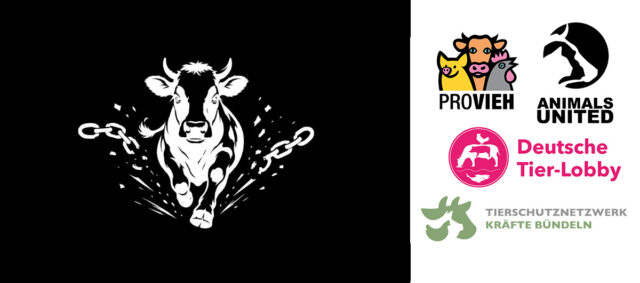 Stilisierte Kuh, die ihre Ketten sprengt. Daneben die Logos von PROVIEH, Animals United, Deutsche Tier-Lobby und Tierschutznetzwerk Kräfte bündeln